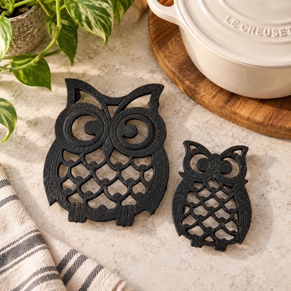 Vintage Owl Trivet Set Cast Iron Cottagecore Farmhouse Woodland Decor